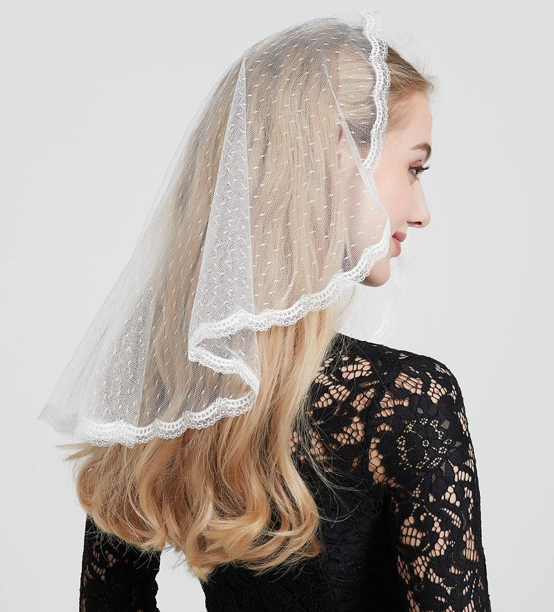 Leimandy Mantilla Veils CatholicChurch Veil Lace Head Cover for Women V76 (Dots-Ivory) - Image 2